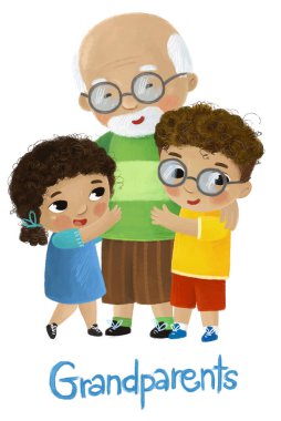 Mutlu aile resimlerinin olduğu bir çizgi film sahnesi. Büyük baba, torun ve torun. Çocuklar için beyaz bir arkaplan çizimi.