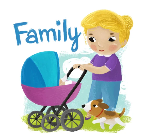 Cartoon Scene Mother Kid Girl Toddler Baby Carriage Playing White — Stock Photo, Image