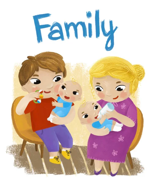 子供のための白い背景イラストに幸せと陽気な家族の子供たちと漫画シーン — ストック写真
