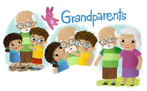 Σκηνή Κινουμένων Σχεδίων Ευτυχισμένη Οικογένεια Παππούδες Και Εγγόνια Εικονογράφηση — Φωτογραφία Αρχείου