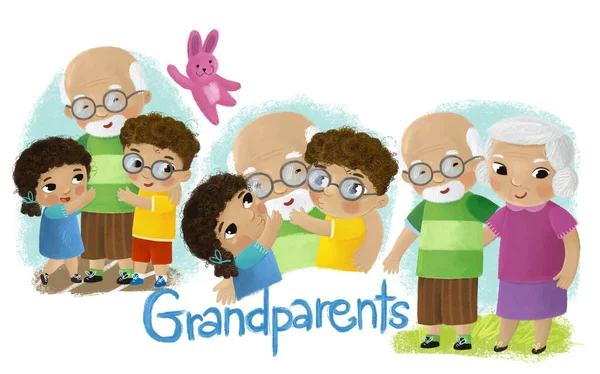 Tecknad Scen Med Glada Familj Morföräldrar Och Granbarn Illustration — Stockfoto