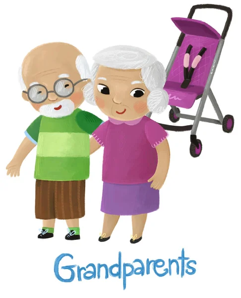 Cartoon Scene Grandfather Grandmother Baby Carriage Playing White Background Illustration — Stock Photo, Image