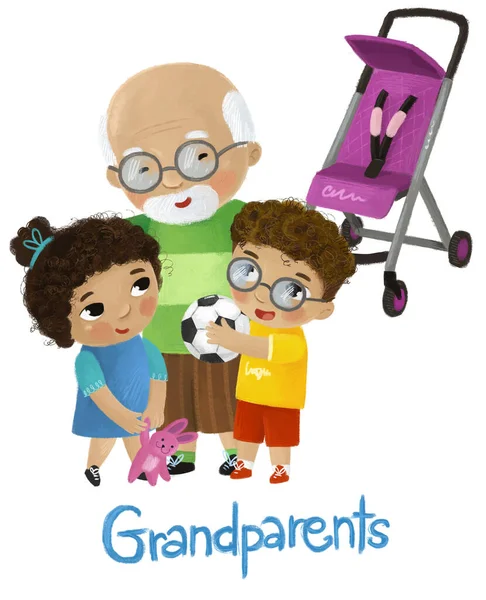 Cena Dos Desenhos Animados Com Avô Crianças Menina Menino Perto — Fotografia de Stock
