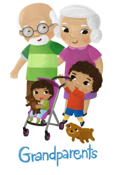 Cartoon Kind Jongen Verzorgen Zijn Zusje Jeugd Met Grootouders Oma — Stockfoto