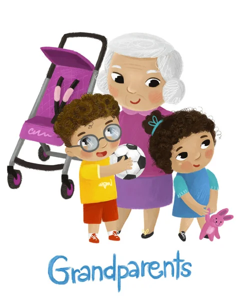Σκηνή Κινουμένων Σχεδίων Γιαγιά Και Παιδιά Αγόρι Και Κορίτσι Κοντά — Φωτογραφία Αρχείου