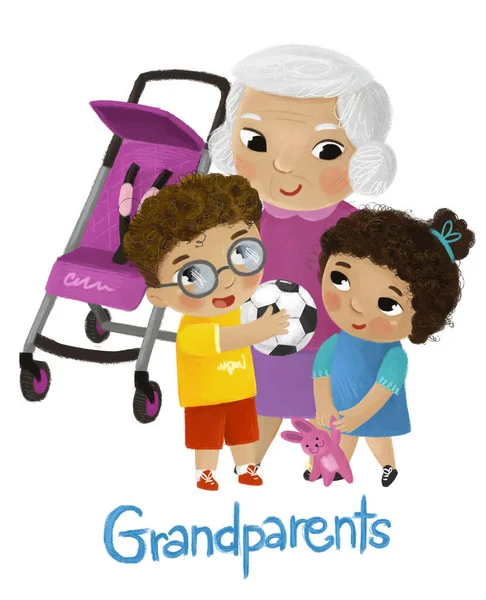 Kreslené Scény Babičkou Dětmi Chlapec Dívka Blízkosti Kočárek Hrát Bílém — Stock fotografie