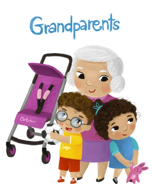 Tecknad Scen Med Mormor Och Barn Pojke Och Flicka Nära — Stockfoto