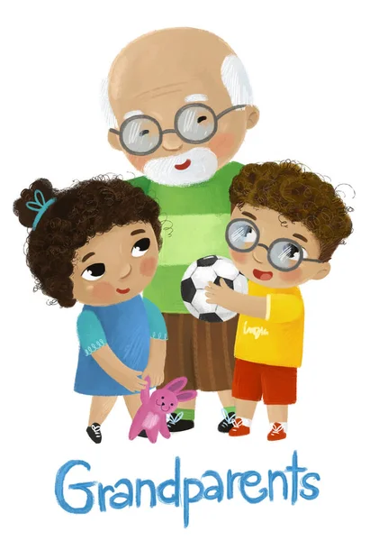 Tecknad Scen Med Glad Kärleksfull Familj Farfar Farfar Barn Barnbarn — Stockfoto