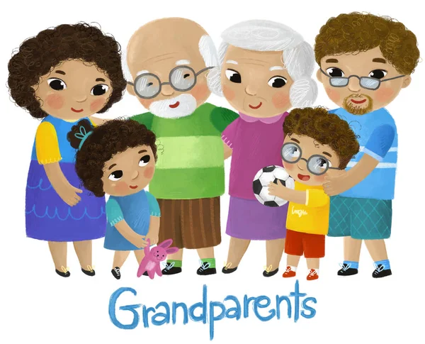 Rajzfilm Jelenet Gyerekekkel Apa Anya Nagypapa Nagymama Nagypapa Család Illusztráció — Stock Fotó