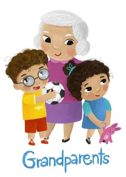 Cartoon Scene Happy Loving Family Grandmother Grandma Children Grandson Granddauhter — Stock Photo, Image