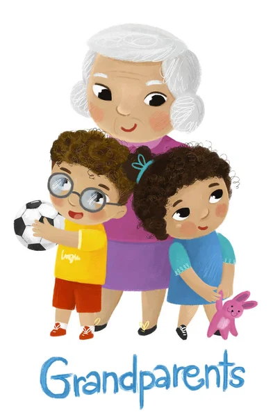 卡通片场景 与快乐可爱的家庭祖母 孙子孙女和祖父一起 为孩子们描绘白色的背景 — 图库照片