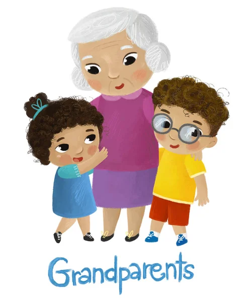 Kreskówka Scena Szczęśliwy Kochający Rodzina Babcia Dzieci Wnuk Granddauhter Białym — Zdjęcie stockowe
