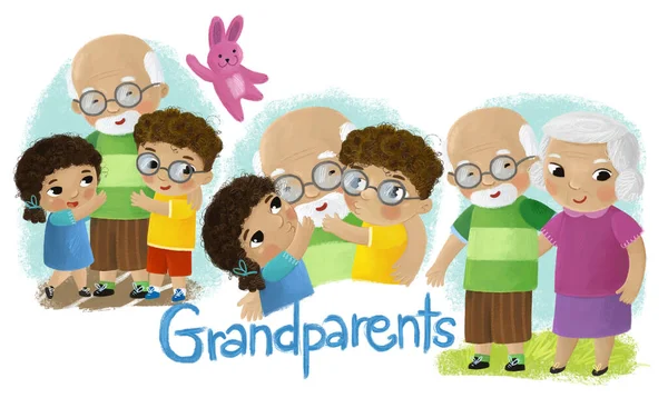 Mutlu Aile Büyükbabaları Torunlarının Resimlerinin Olduğu Bir Çizgi Film Sahnesi — Stok fotoğraf