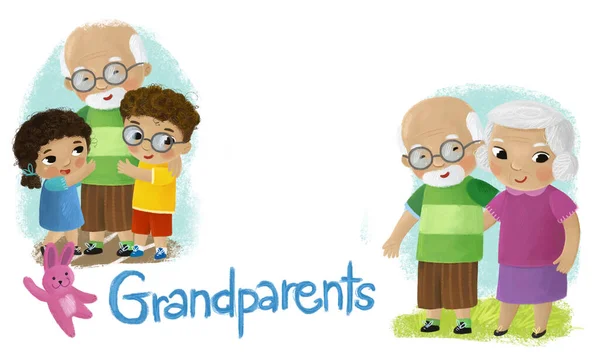 Mutlu Aile Büyükbabaları Torunlarının Resimlerinin Olduğu Bir Çizgi Film Sahnesi — Stok fotoğraf