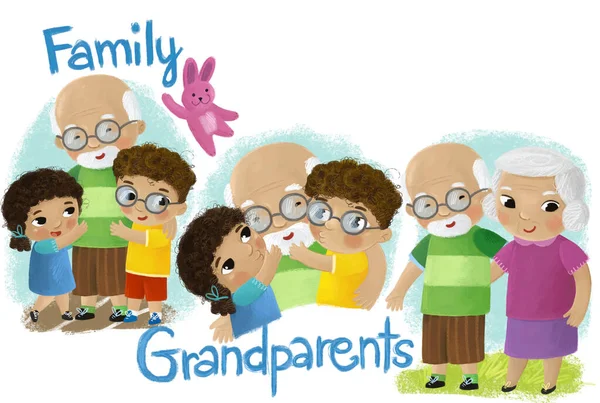 Escena Dibujos Animados Con Familia Feliz Abuelos Nietos Ilustración —  Fotos de Stock