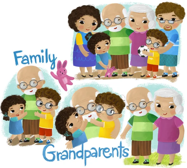 Rajzfilm Jelenet Boldog Család Nagyszülők Nagymama Illusztráció — Stock Fotó
