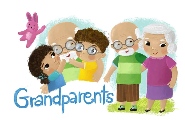 Scène Dessin Animé Avec Heureux Grands Parents Famille Granchildren Illustration — Photo