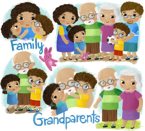 卡通片场景 有快乐的家庭祖父母和孙子女插图 — 图库照片