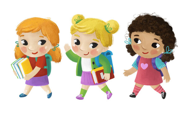 мультяшные дети девочки девочки подруги Дружба учеников, идущих в школу, изучая детскую иллюстрацию