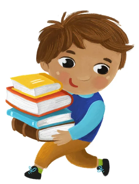 Karikatur Kind Junge Schüler Die Schule Gehen Mit Büchern Lernen — Stockfoto