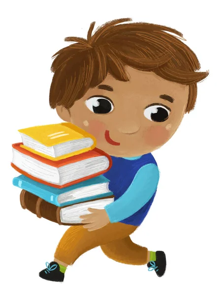 Kreslené Dítě Kluk Kluk Žák Jít Školy Držení Knihy Učení — Stock fotografie