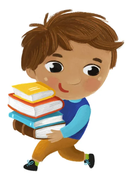 Tekenfilm Kind Jongen Leerling Gaat Naar School Met Boeken Leren — Stockfoto
