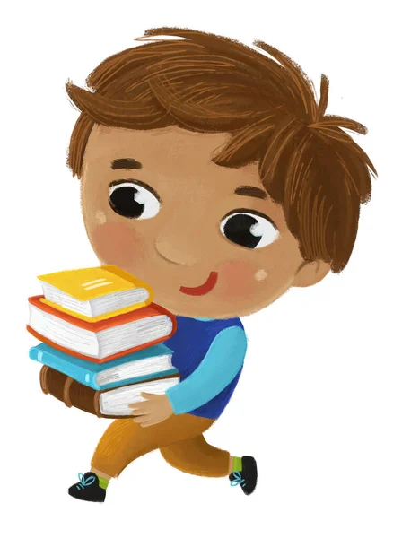 Tekenfilm Kind Jongen Leerling Gaat Naar School Met Boeken Leren — Stockfoto
