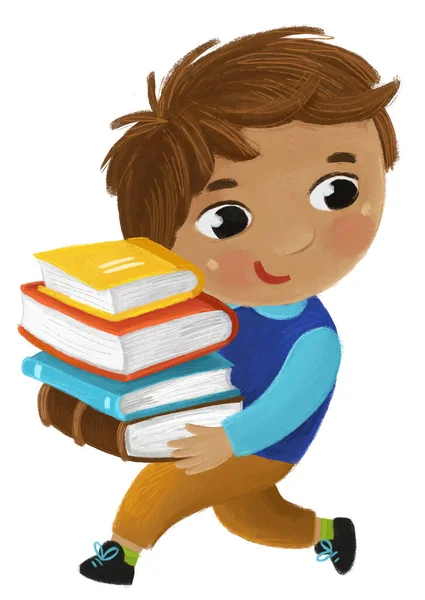 Cartone Animato Bambino Ragazzo Allievo Andare Scuola Tenendo Libri Apprendimento — Foto Stock
