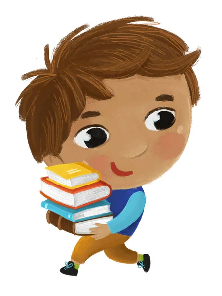 Kreslené Dítě Kluk Kluk Žák Jít Školy Držení Knihy Učení — Stock fotografie