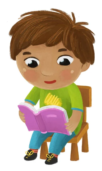 Cartoon Child Kid Boy Pupil Reading Books Learning Childhood Illustration — Stock Photo, Image