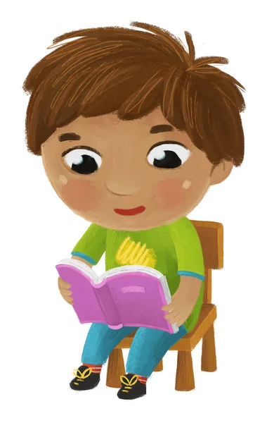 Kreskówka Dziecko Chłopiec Uczeń Czytanie Książki Nauka Dzieciństwo Ilustracja Dla — Zdjęcie stockowe
