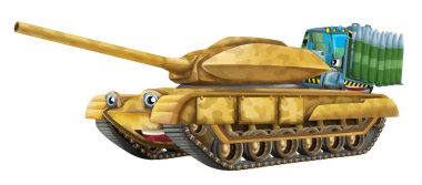 Mutlu ve komik ağır askeri tank aracı. Çocuk sanatsal resimleri için kargoyla izole edilmiş.