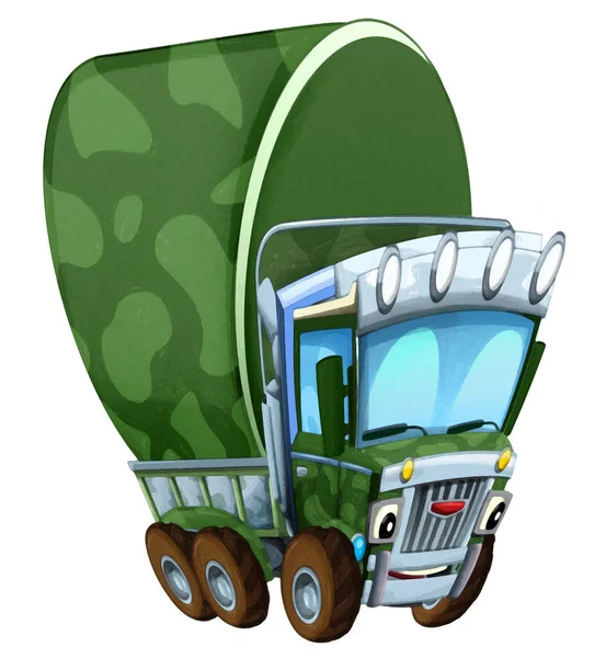 子供のための貨物孤立イラストと漫画幸せと面白いオフロード軍用トラック車芸術絵画 — ストック写真