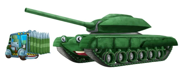 Kreskówka Szczęśliwy Zabawny Ciężki Pojazd Wojskowy Zbiornik Ładunkiem Izolowane Ilustracja — Zdjęcie stockowe