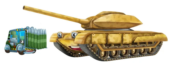 Karikatura Šťastný Zábavný Těžký Vojenský Tank Vozidlo Nákladem Izolované Ilustrace — Stock fotografie