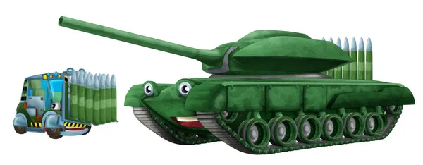 Karikatur Fröhlich Und Lustig Schwere Militärische Panzerfahrzeug Mit Fracht Isolierte — Stockfoto