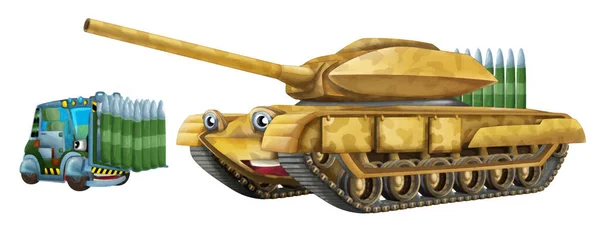 Karikatura Šťastný Zábavný Těžký Vojenský Tank Vozidlo Nákladem Izolované Ilustrace — Stock fotografie