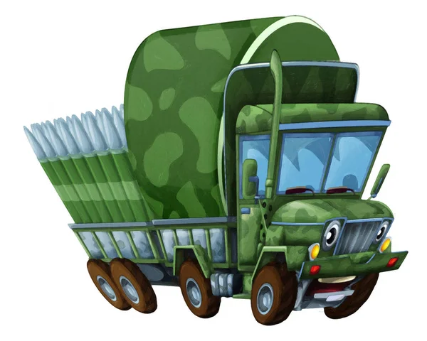 Cartoon Gelukkig Grappig Road Militaire Vrachtwagen Voertuig Met Lading Geïsoleerde — Stockfoto