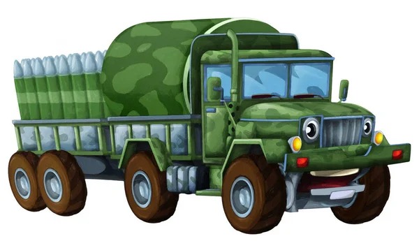 Мультфільм Щасливий Смішний Позашляховик Військової Вантажівки Вантажною Ізольованою Ілюстрацією Дитячого — стокове фото