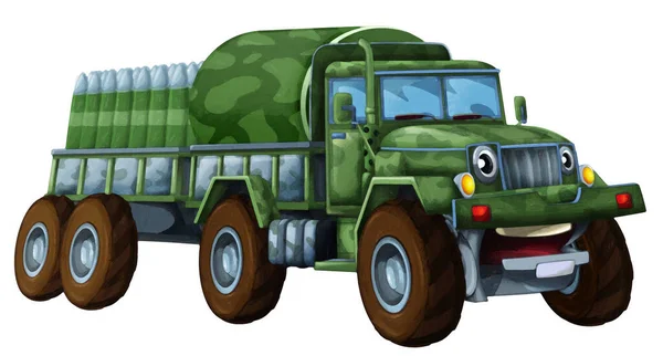 Kreskówka Szczęśliwy Zabawny Road Wojskowy Samochód Ciężarowy Ładunkiem Izolowane Ilustracji — Zdjęcie stockowe