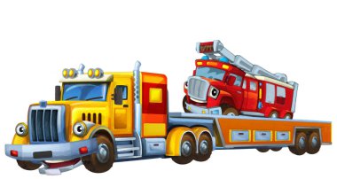 Çekici kamyonla çekilen bir karikatür sahnesi. İtfaiyeciler diğer itfaiyeciler. Çocuklar için sanatsal açıdan izole bir resim.