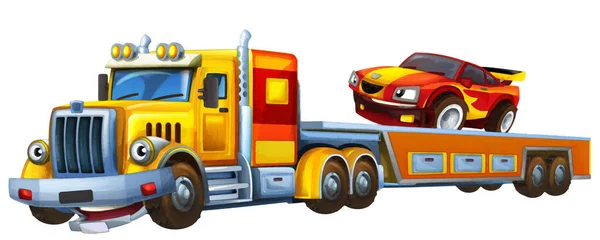牽引トラックの運転と漫画のシーンは 子供のための他の車の孤立したイラストをロード芸術絵画 — ストック写真