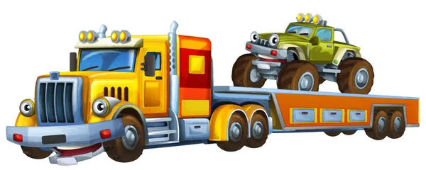 牽引トラックの運転と漫画のシーンは 子供のための他の車の孤立したイラストをロード芸術絵画 — ストック写真