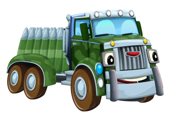 Dibujos Animados Feliz Divertido Todoterreno Vehículo Camión Militar Con Ilustración —  Fotos de Stock