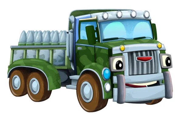 Cartoon Happy Funny Road Military Truck Vehicle Cargo Isolated Illustration — Stock Photo, Image