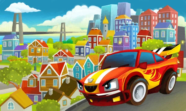 Cartoon Sport Auto Sedan Snelheid Door Stad Illustratie Voor Kinderen — Stockfoto