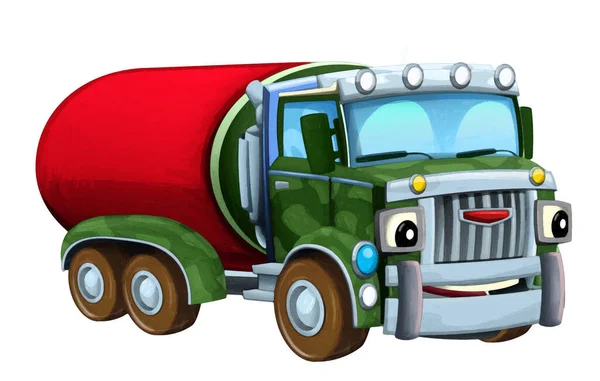 Desenho Animado Feliz Engraçado Road Veículo Caminhão Militar Com Carga — Fotografia de Stock