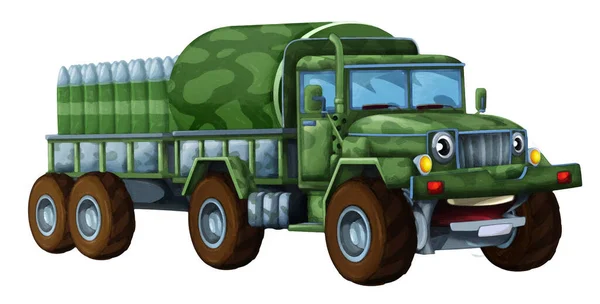 子供の芸術的なスタイルのための貨物隔離されたイラストと漫画の幸せと面白いオフロード軍用トラックの車両 — ストック写真
