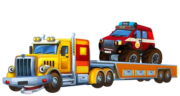 卡通片场景 拖曳卡车载着其他车辆救火队为儿童艺术风格作了独立的说明 — 图库照片