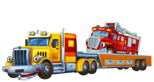 Мультяшна Сцена Евакуатором Водіння Вантажівки Вантажем Іншої Пожежної Машини Ізольована — стокове фото